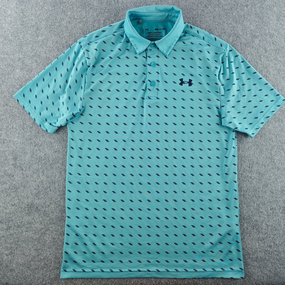 Under Armour The Playoff Polo Mens Small Blue Geometric Golf Shirt HeatGear